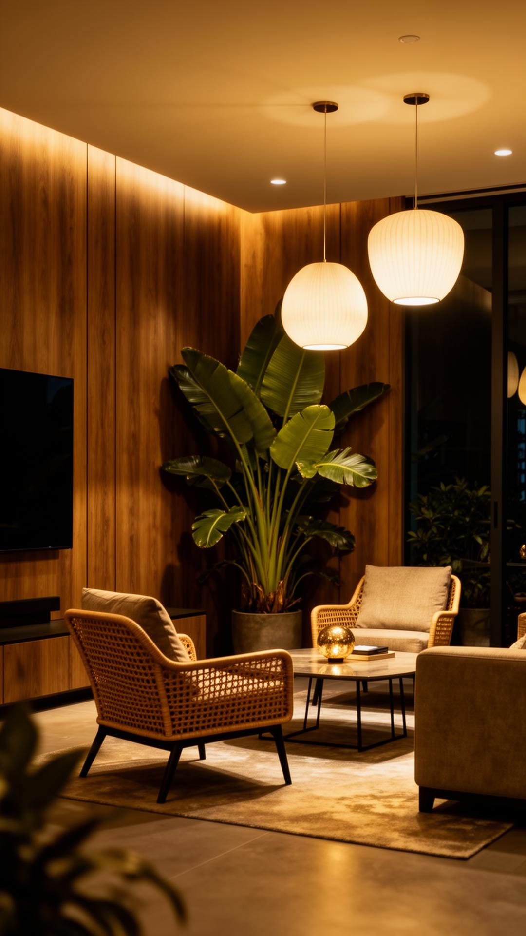 Modern Singapore living room with warm wood paneling and rattan armchairs